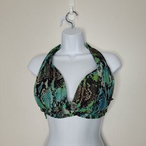 Y2k green blue brown snakeskin halter tie back spears padded bikini top 32D-34D